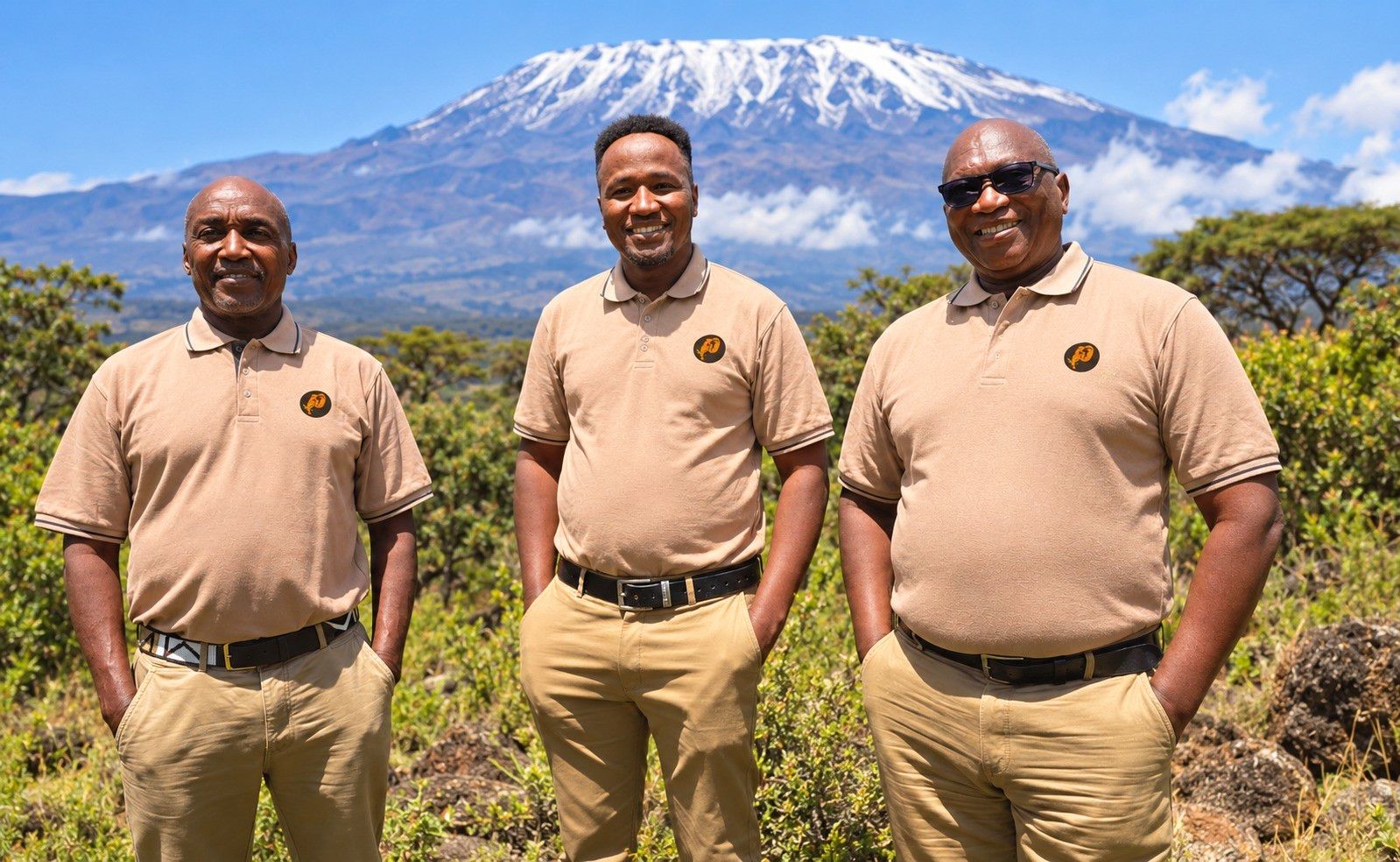 Three Out2safari guides in branded shirts below Mount Kilimanjaro